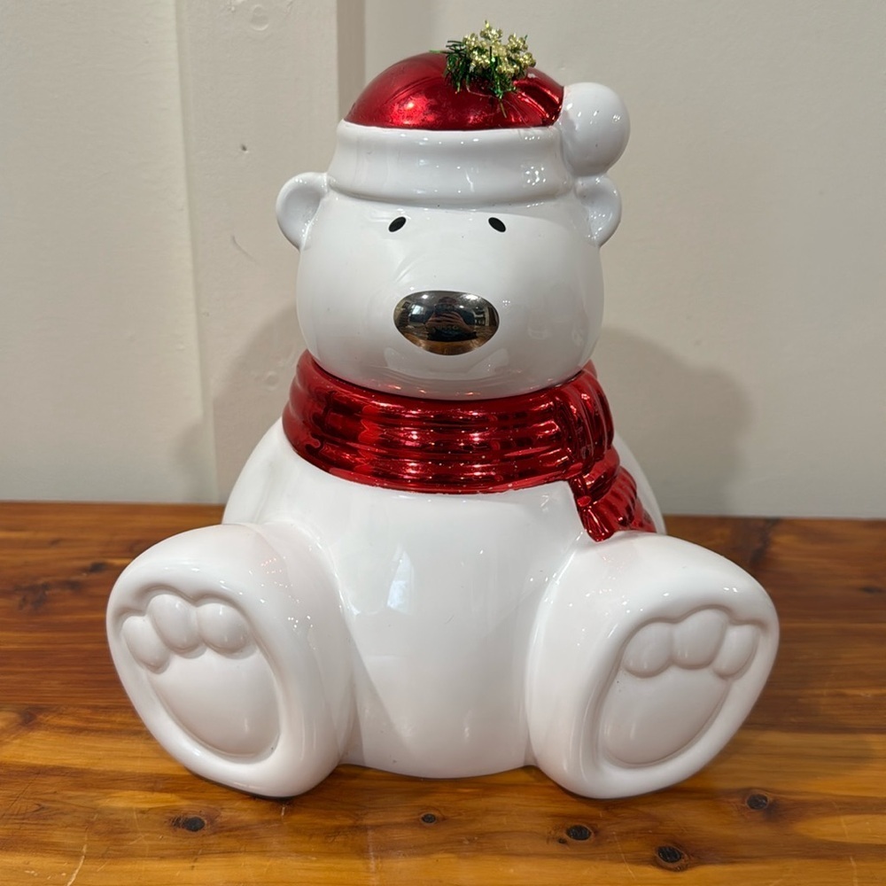2009 Harry Slatkin Polar Bear w/ Red Metallic Scarf & Hat Candle Holder